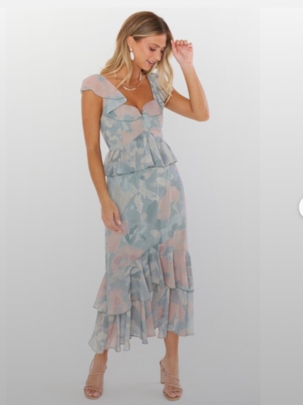 Show Me Your MuMu Pastel Blue and Pink Ruffle Midi Dress
